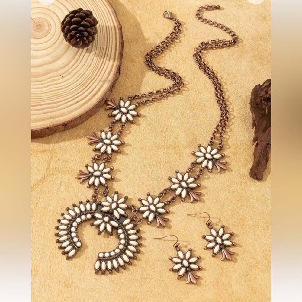 New Squash Blossom Faux White Turquoise Howlite Floral Necklace and Earring Set
